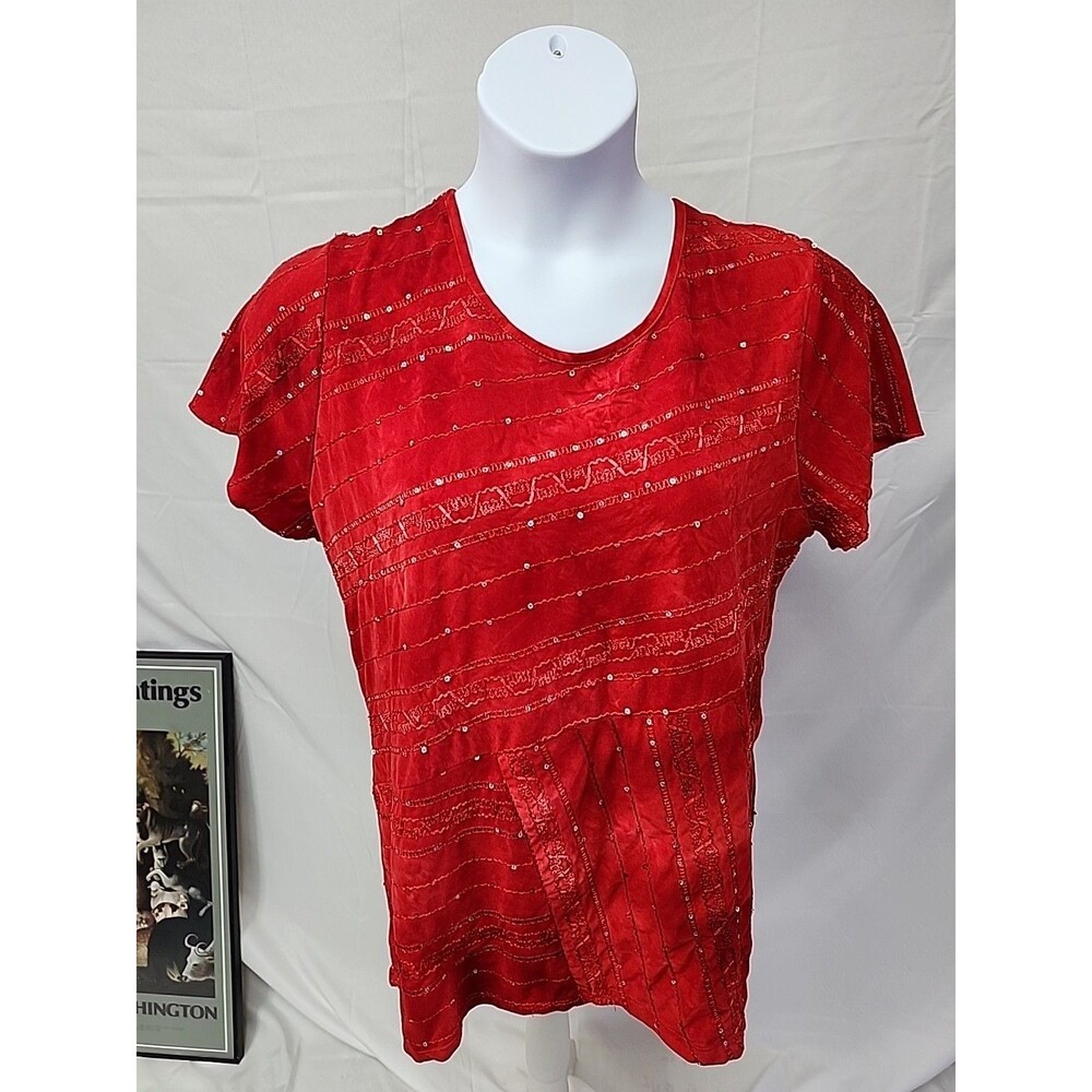 Sienna Grace Red Tone on Tone Embroidered Sequin Top Handkerchief Hem 1X